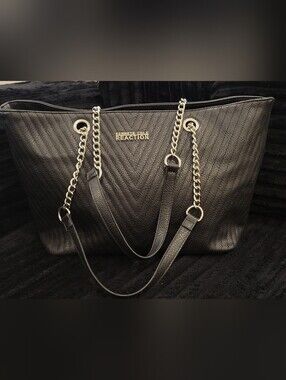 Kenneth Cole Reaction Black Quilted Chevron Tote with Gold Chains